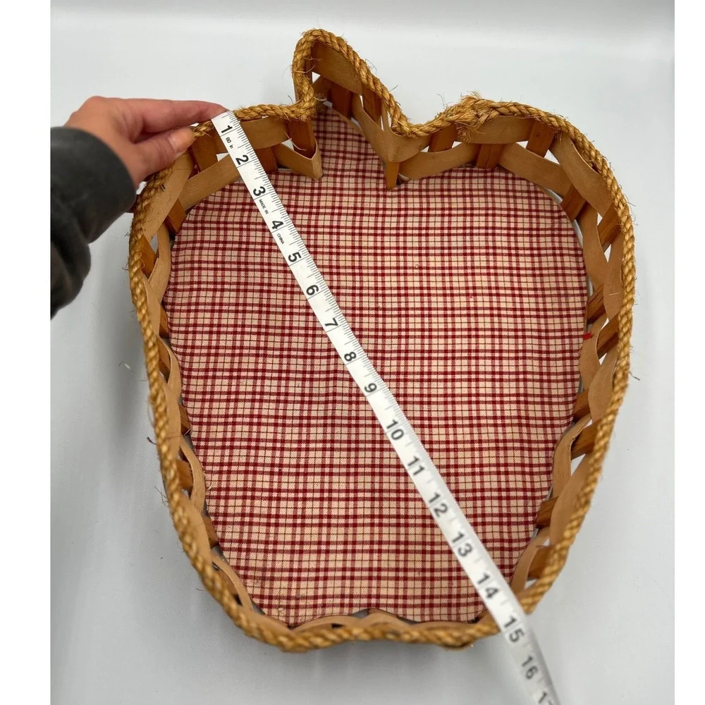 Apple Shaped Woven Wood Basket Red Gingham Lining Farmhouse Country Decor Large